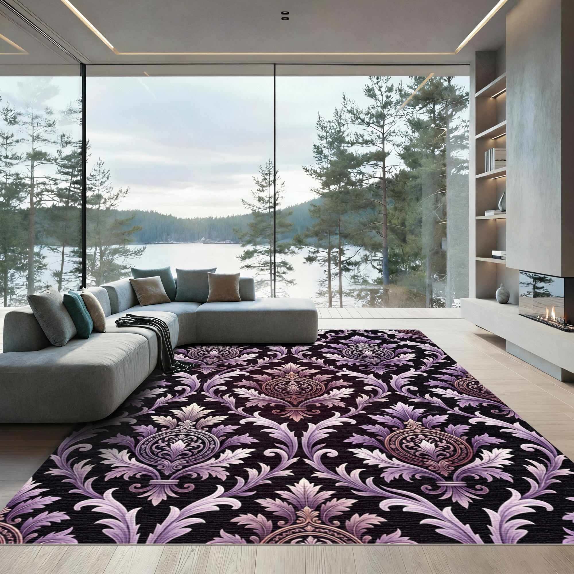 Lavender Violet Damask Scroll Work Rug