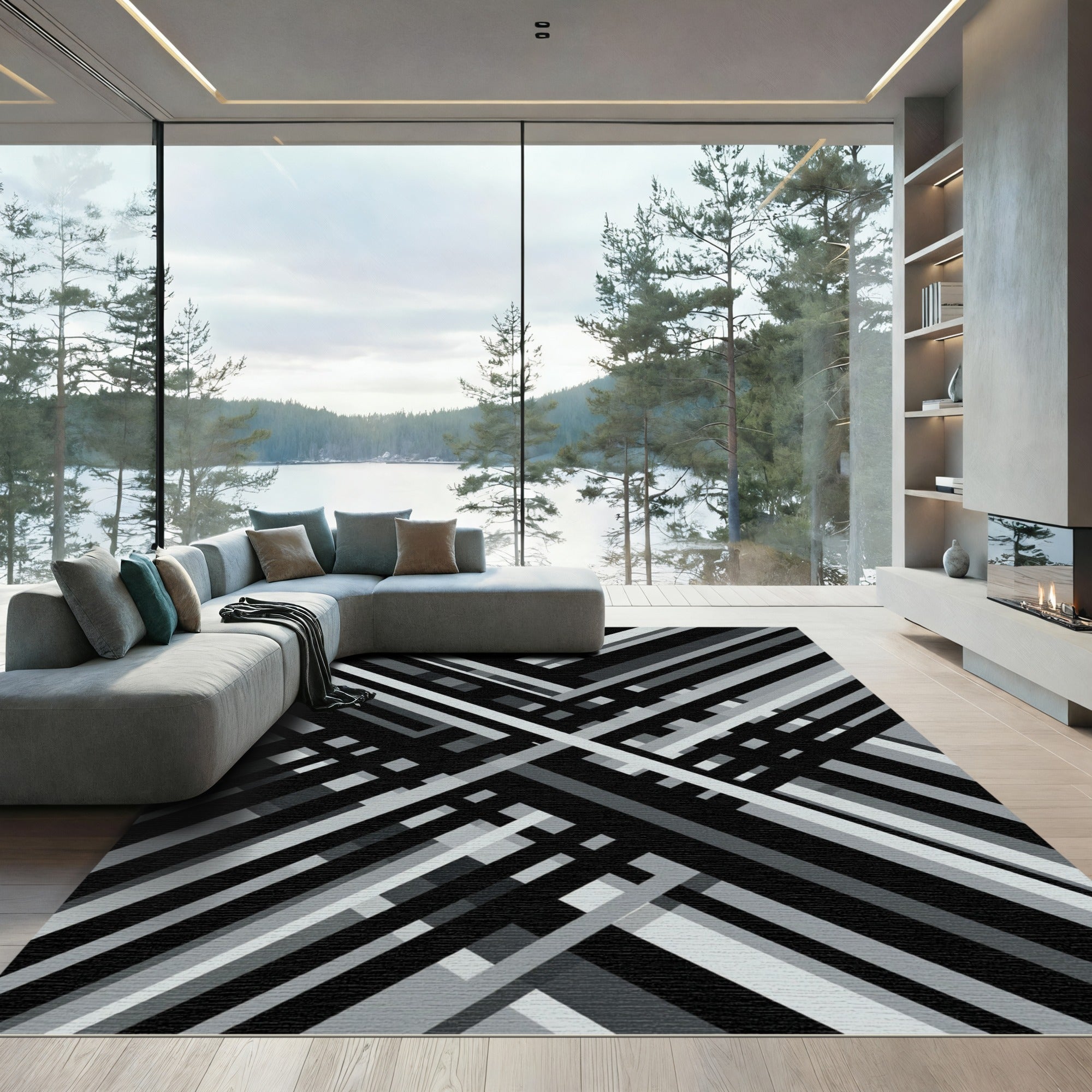 Monochrome Geometric Abstract Intersecting Line Art Rug