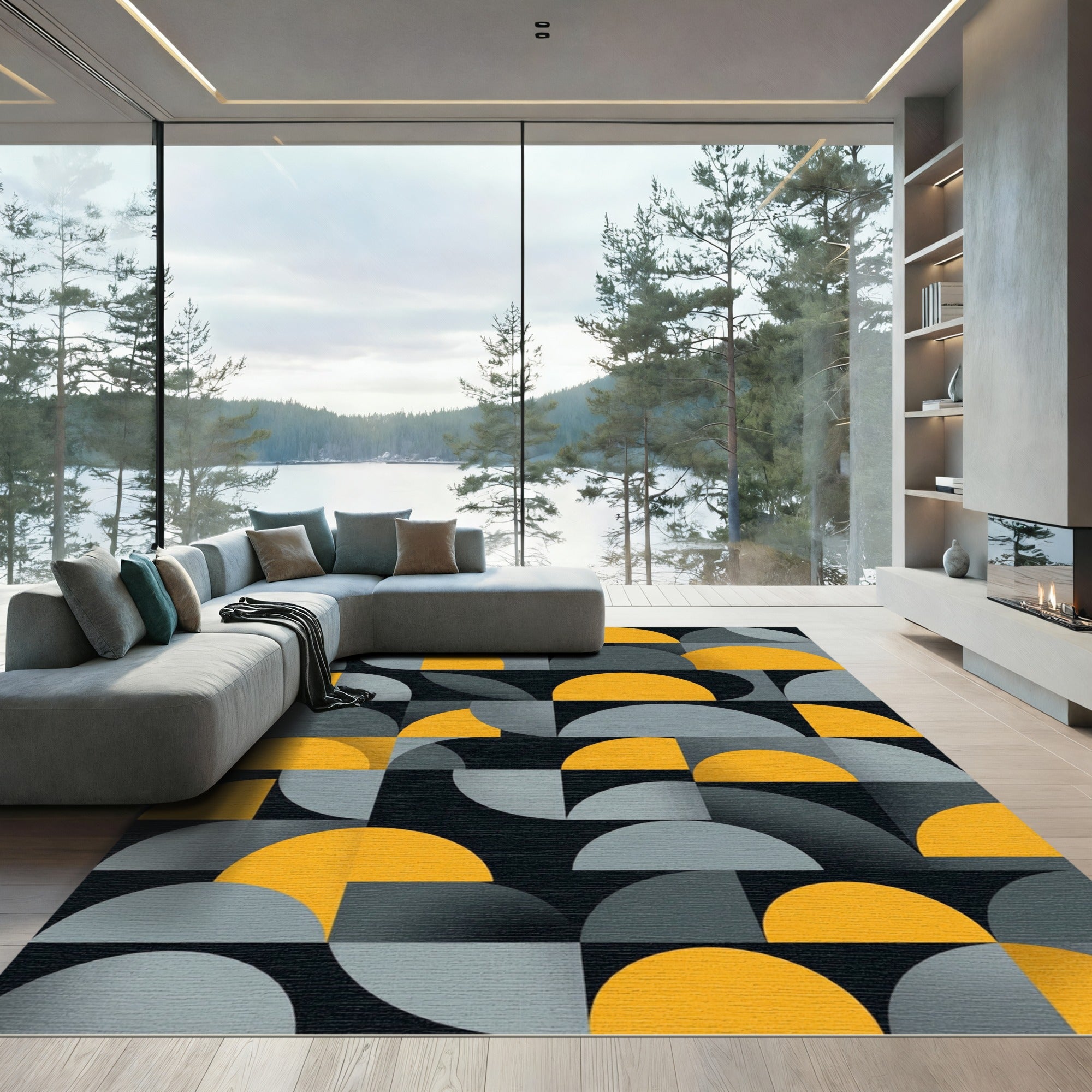 Modern Yellow Gray Geometric Semicircles Rug