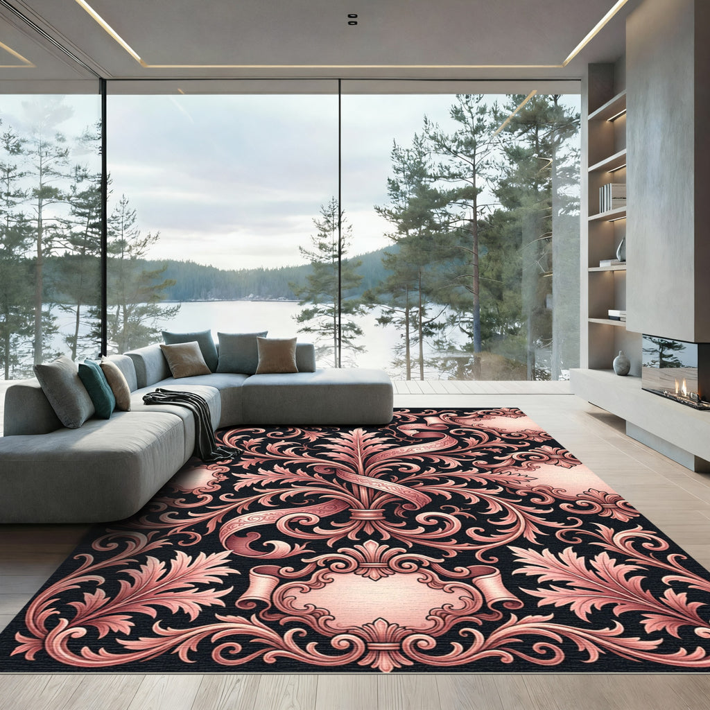 Rose Gold Baroque Scroll Swirl Rug