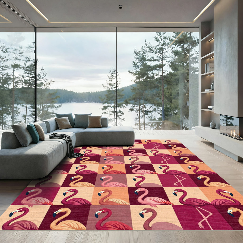 Pink Flamingo Checkerboard Pop Art Rug