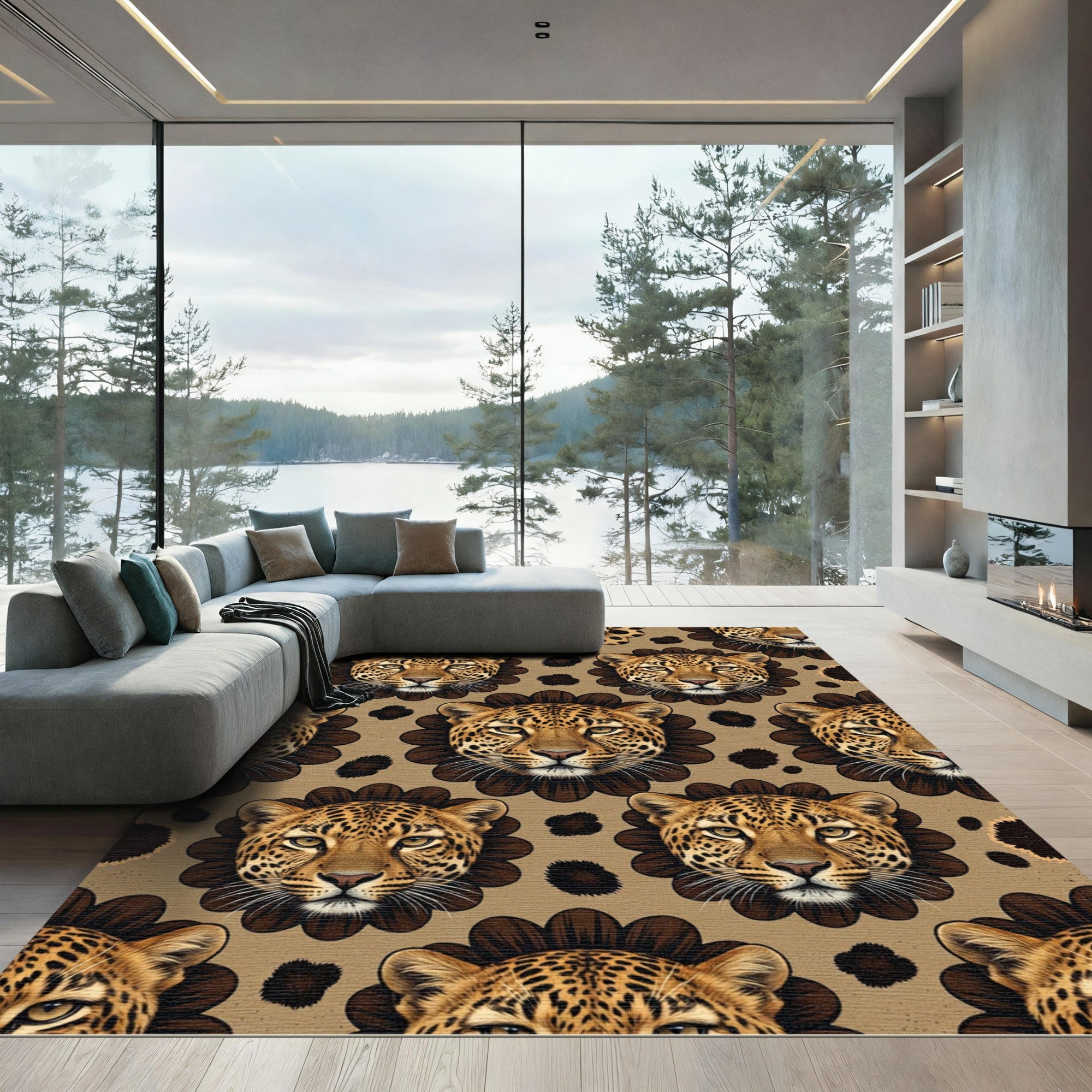 Brown Leopard Floral Repeat Wildlife Rug