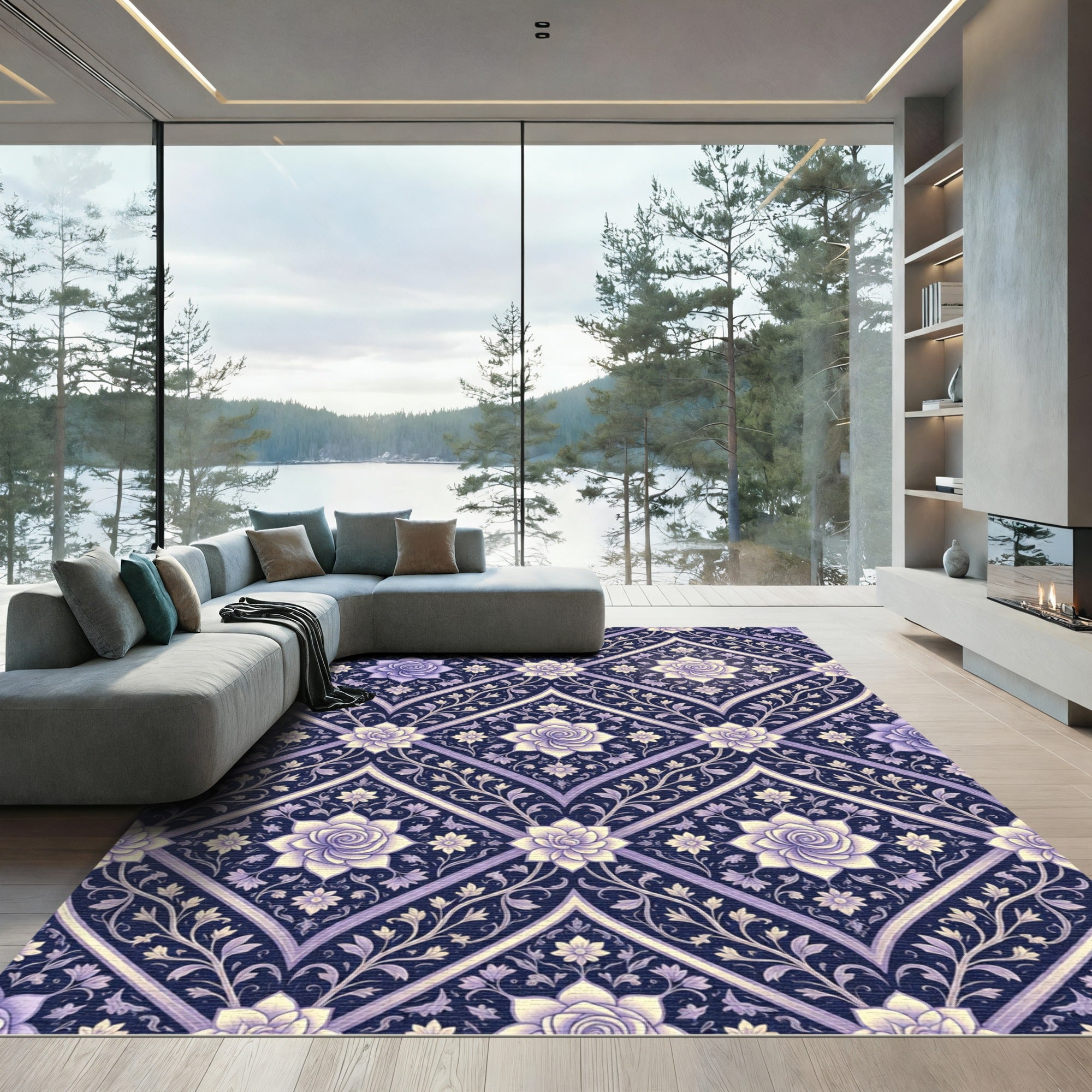 Elegant Lavender Floral Trellis Lattice Rug