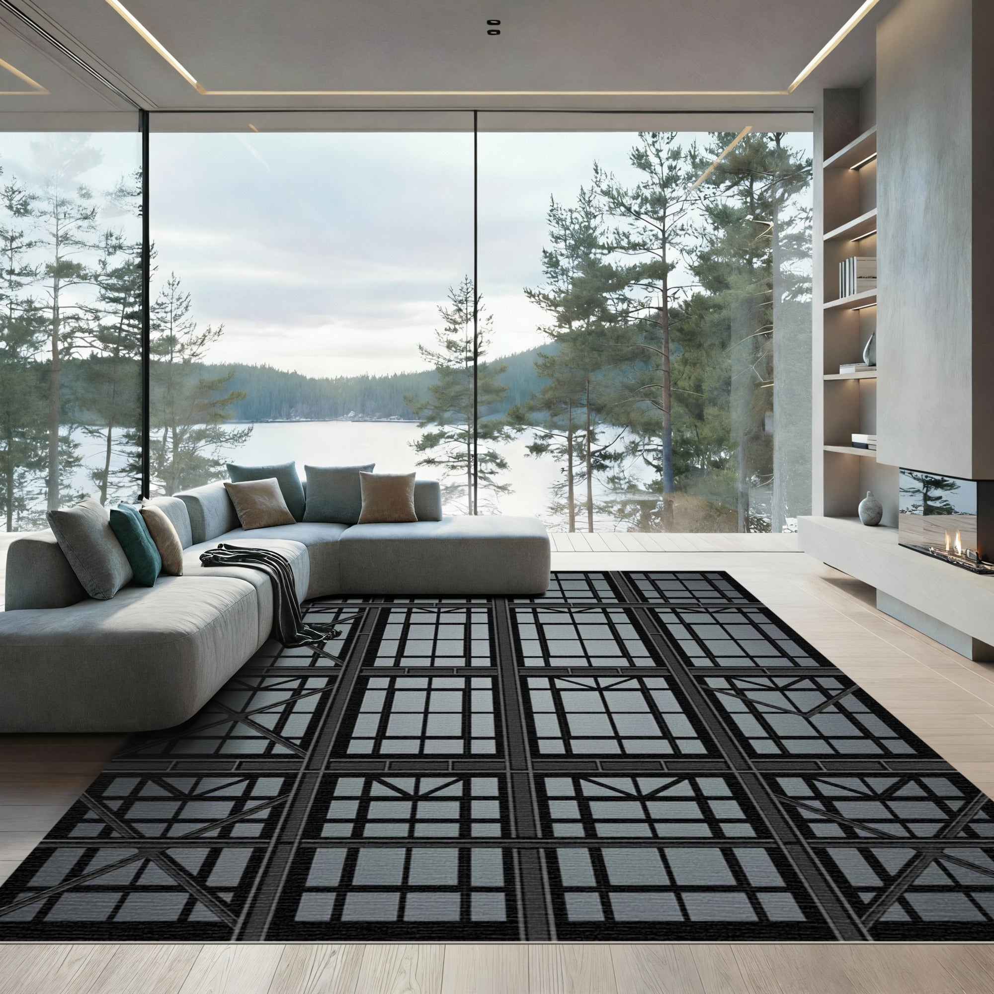 Modern Dark Gray Geometric Lattice Rug