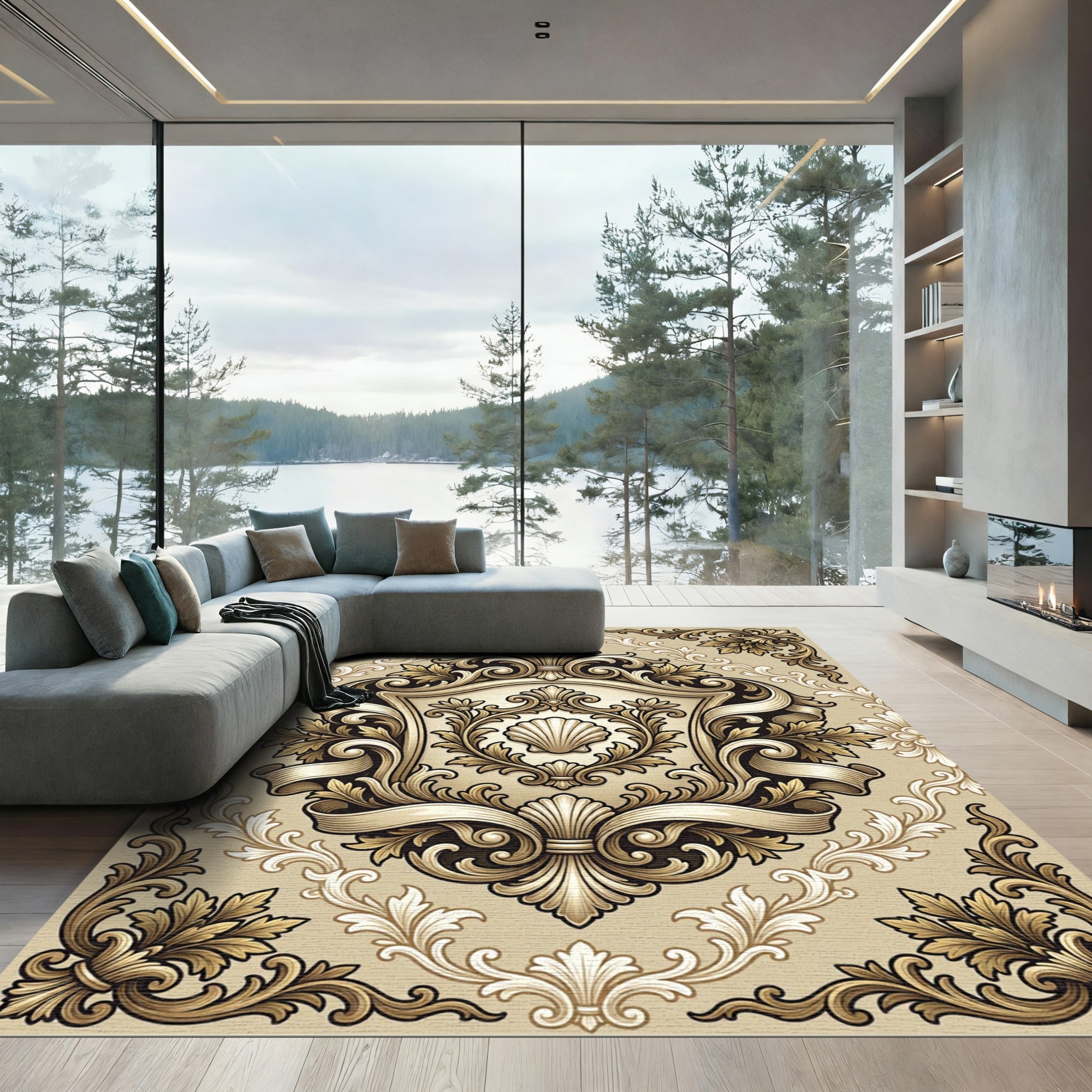 Ornate Beige Damask Scallop Shell Emblem Rug