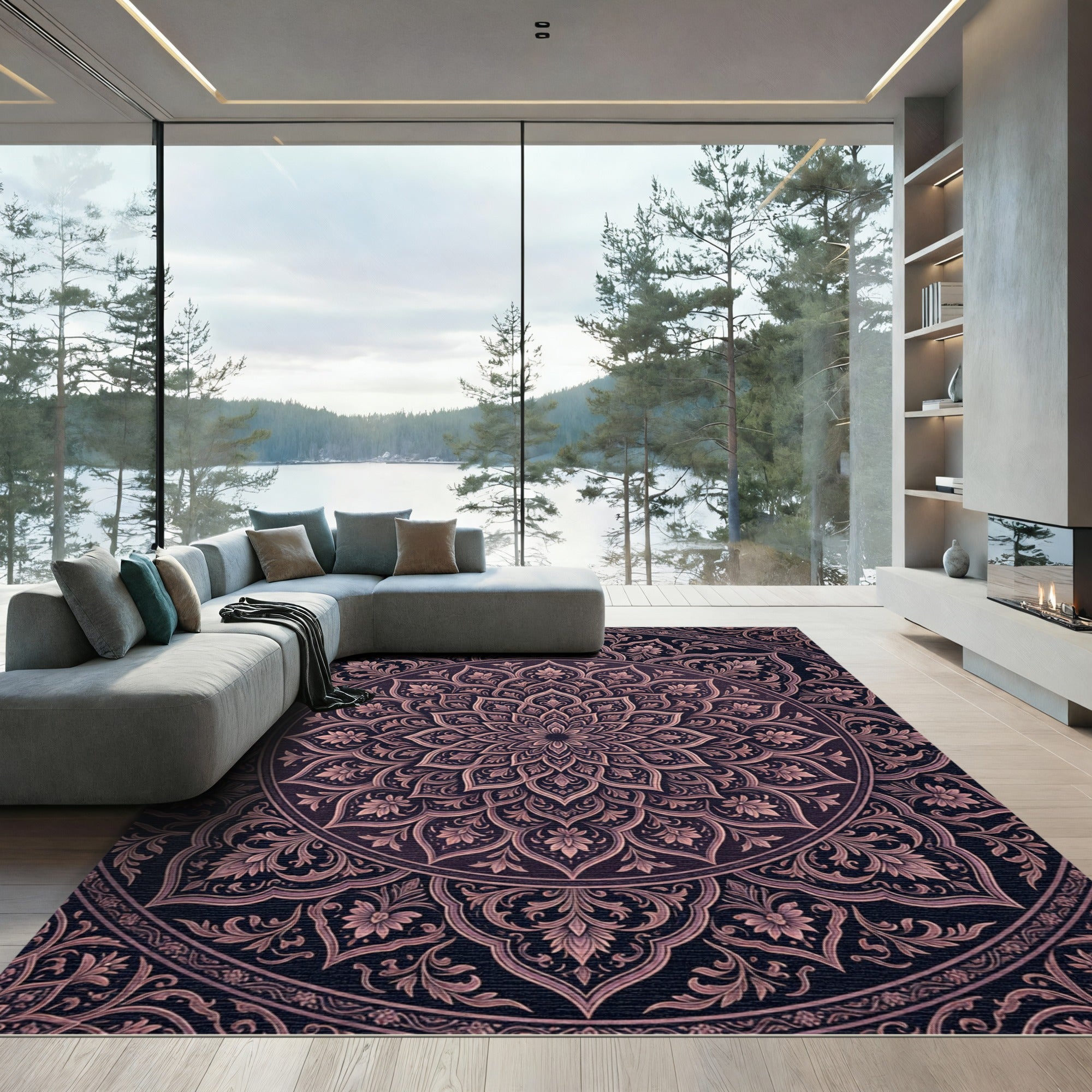 Dark Rose Floral Mandala Circular Medallion Rug