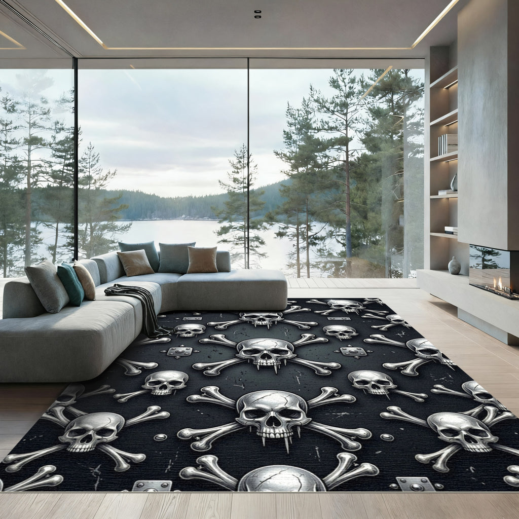 Gothic Metallic Skull and Bone Decor Rug