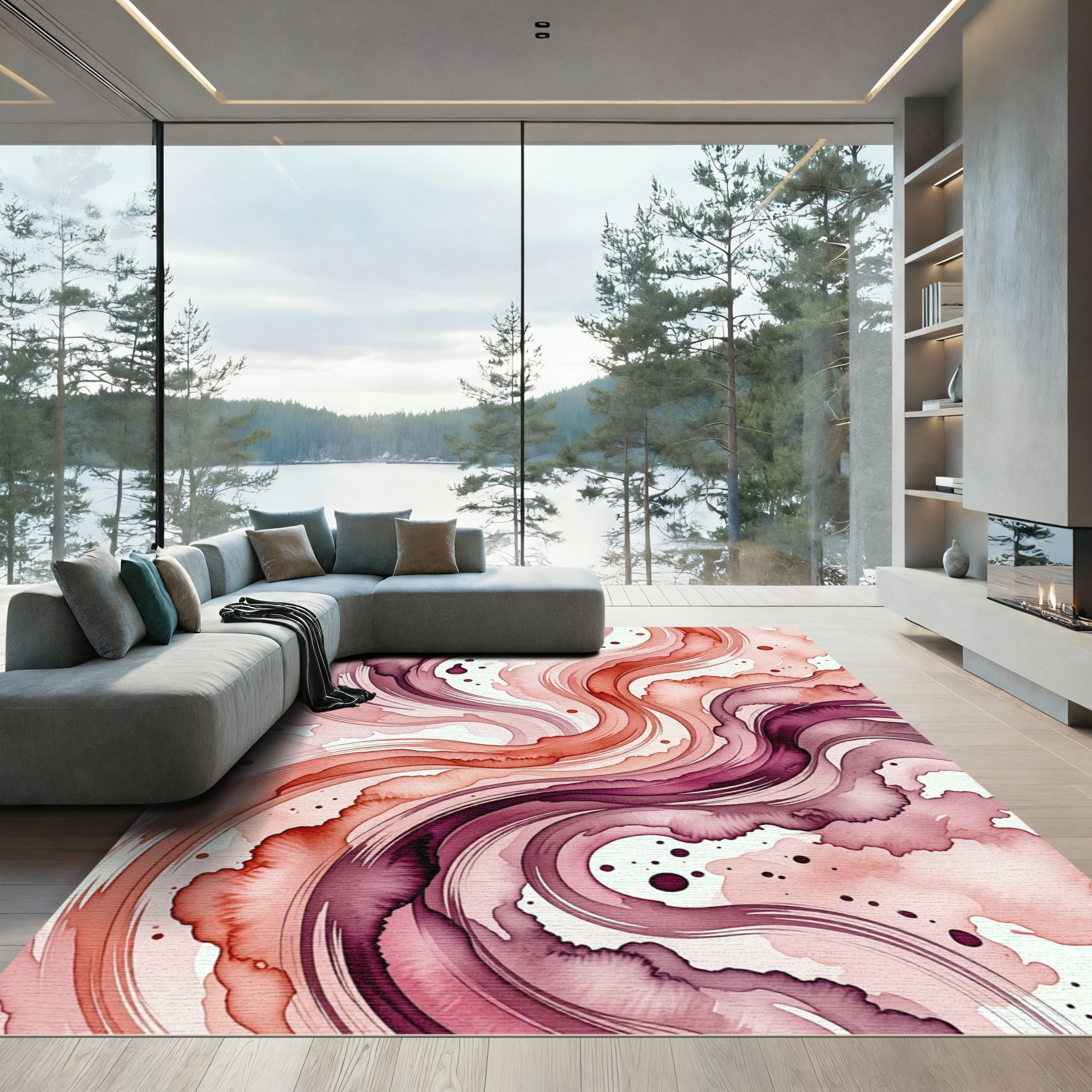Swirling Burgundy and Coral Abstract Wave Rug