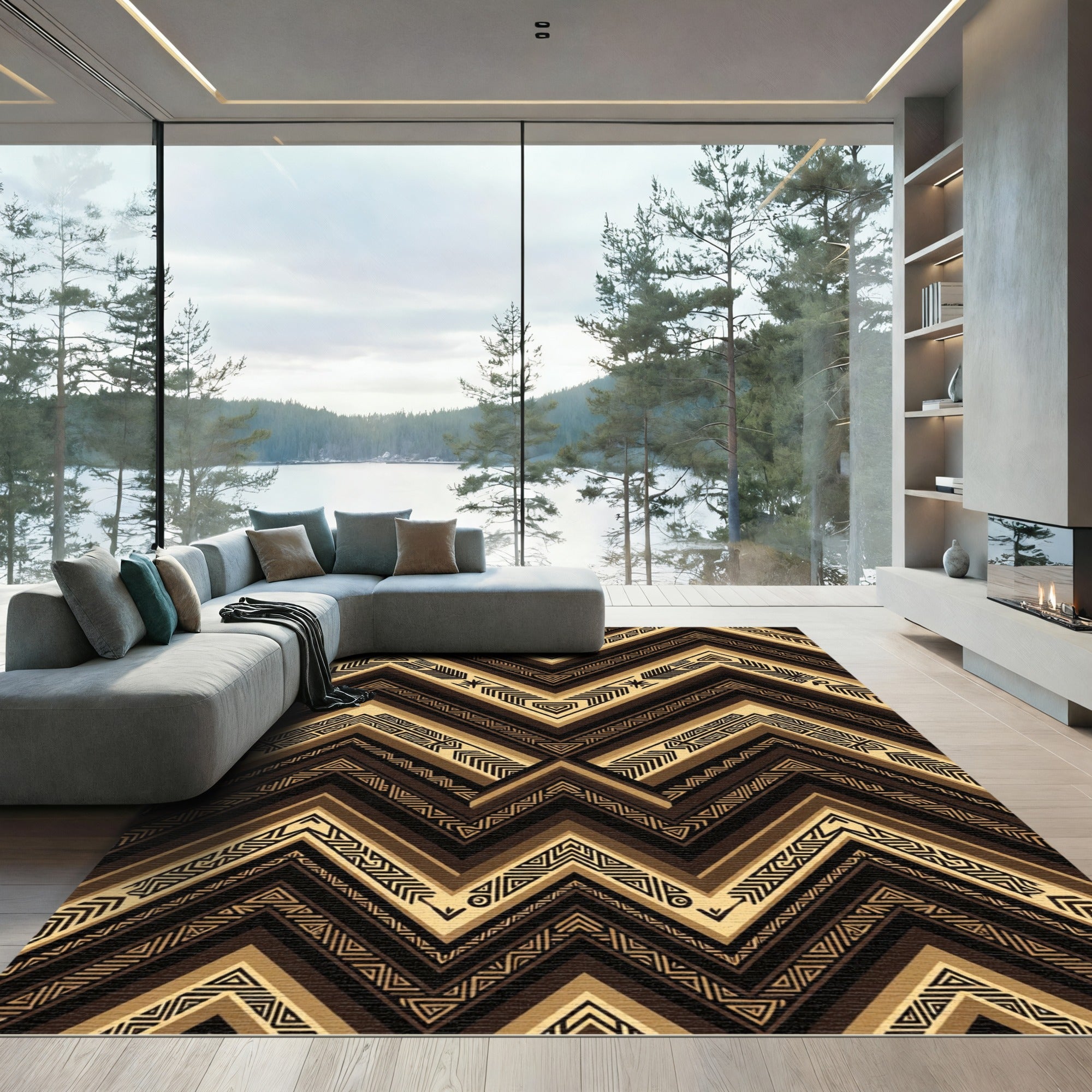 Golden Earthy Toned Chevron Geometric Art Rug