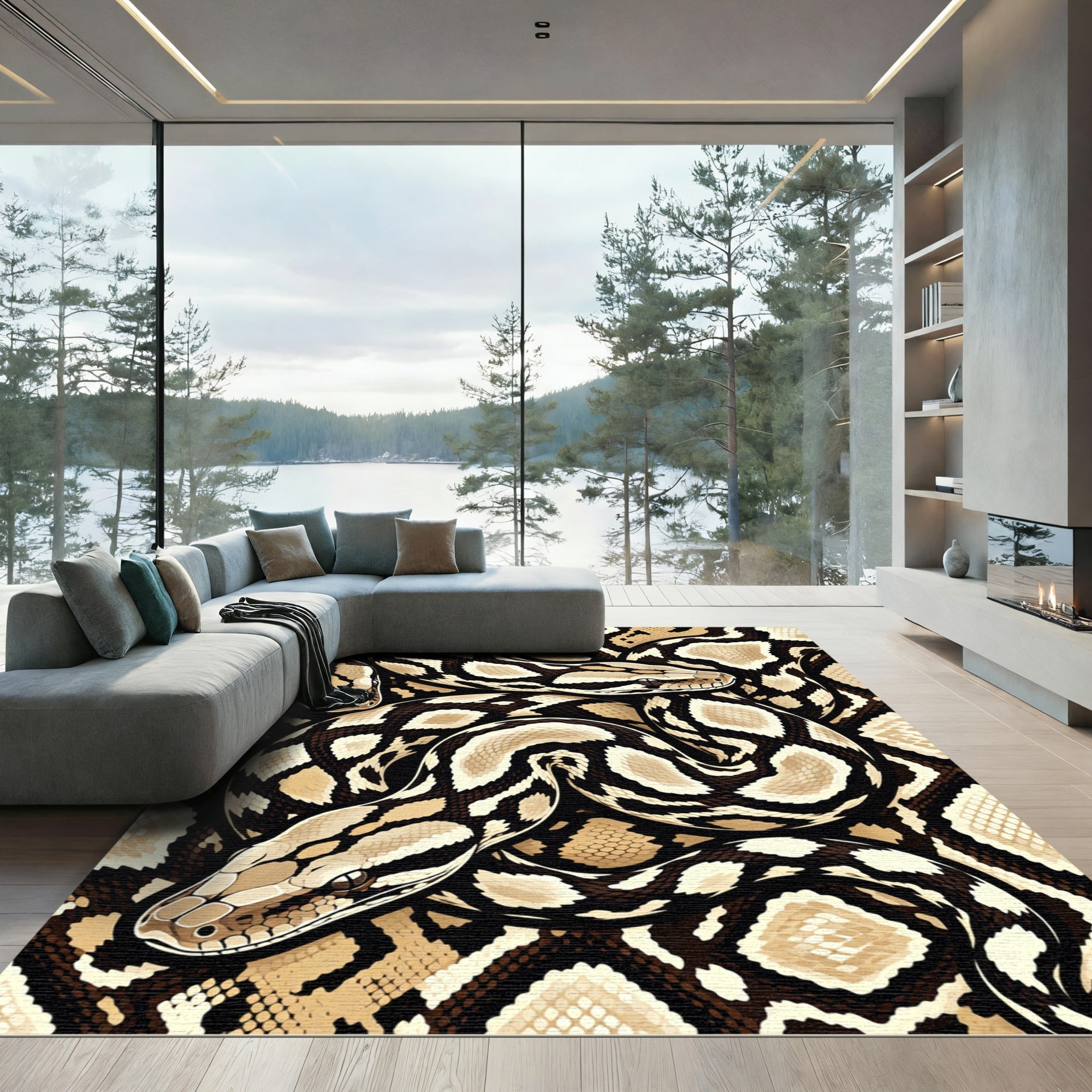 Intricate Brown Python Scale Serpent Art Rug