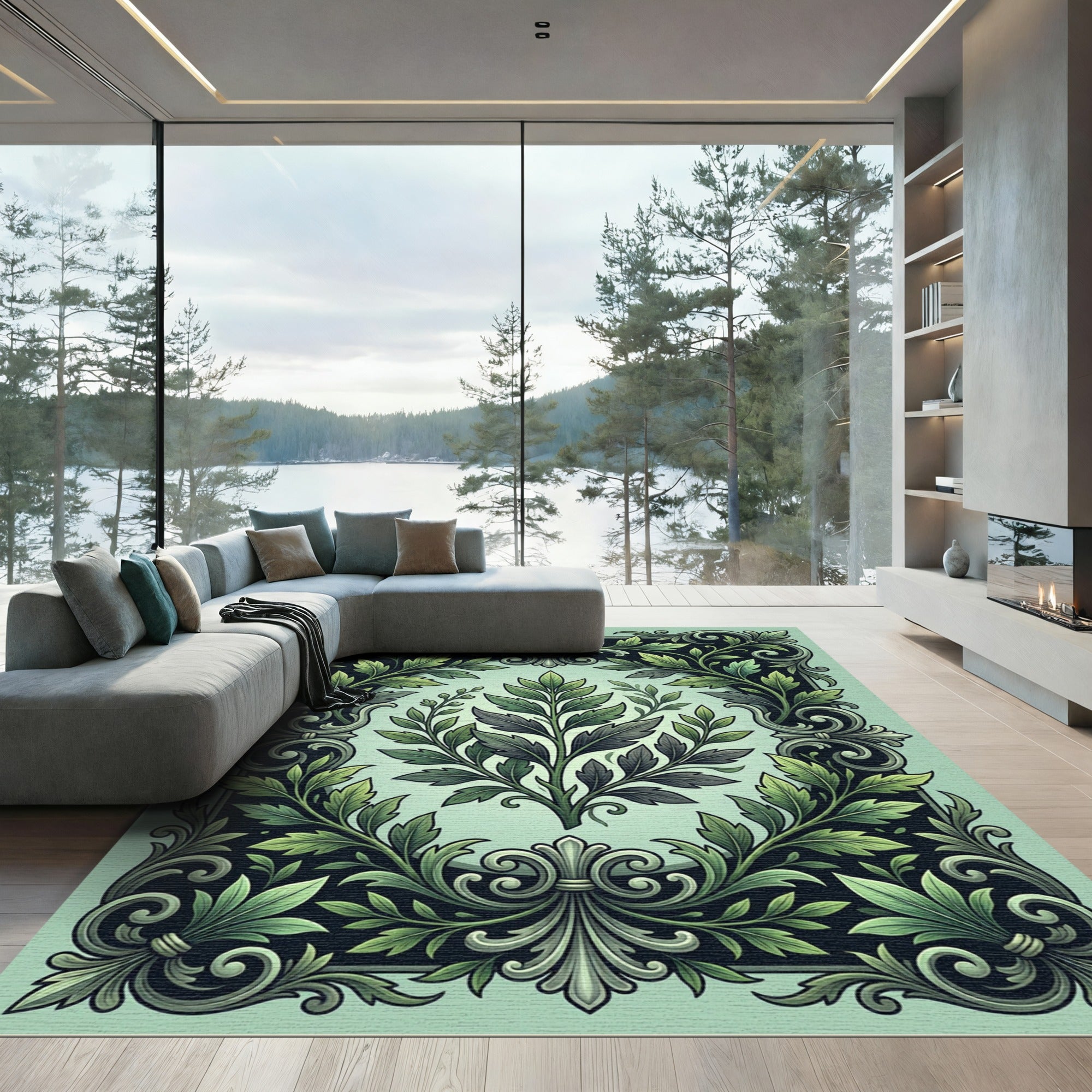Ornate Emerald Green Foliage Border Rug