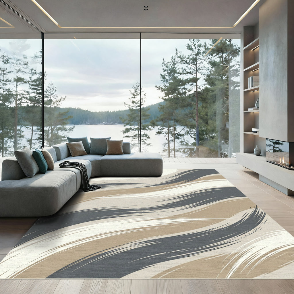 Sophisticated Earth Tone Wavy Brushstrokes Rug