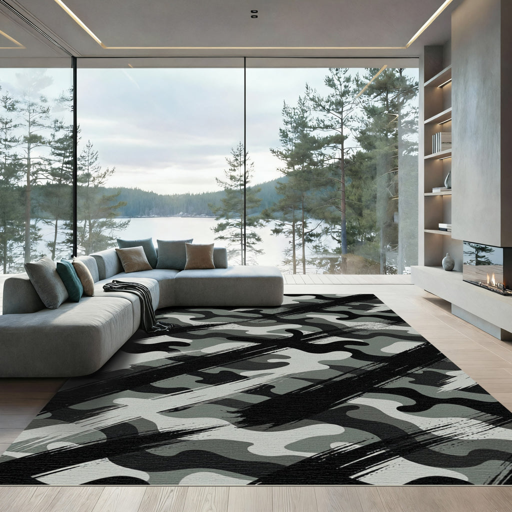 Bold Charcoal Grey Camouflage Brushstroke Rug