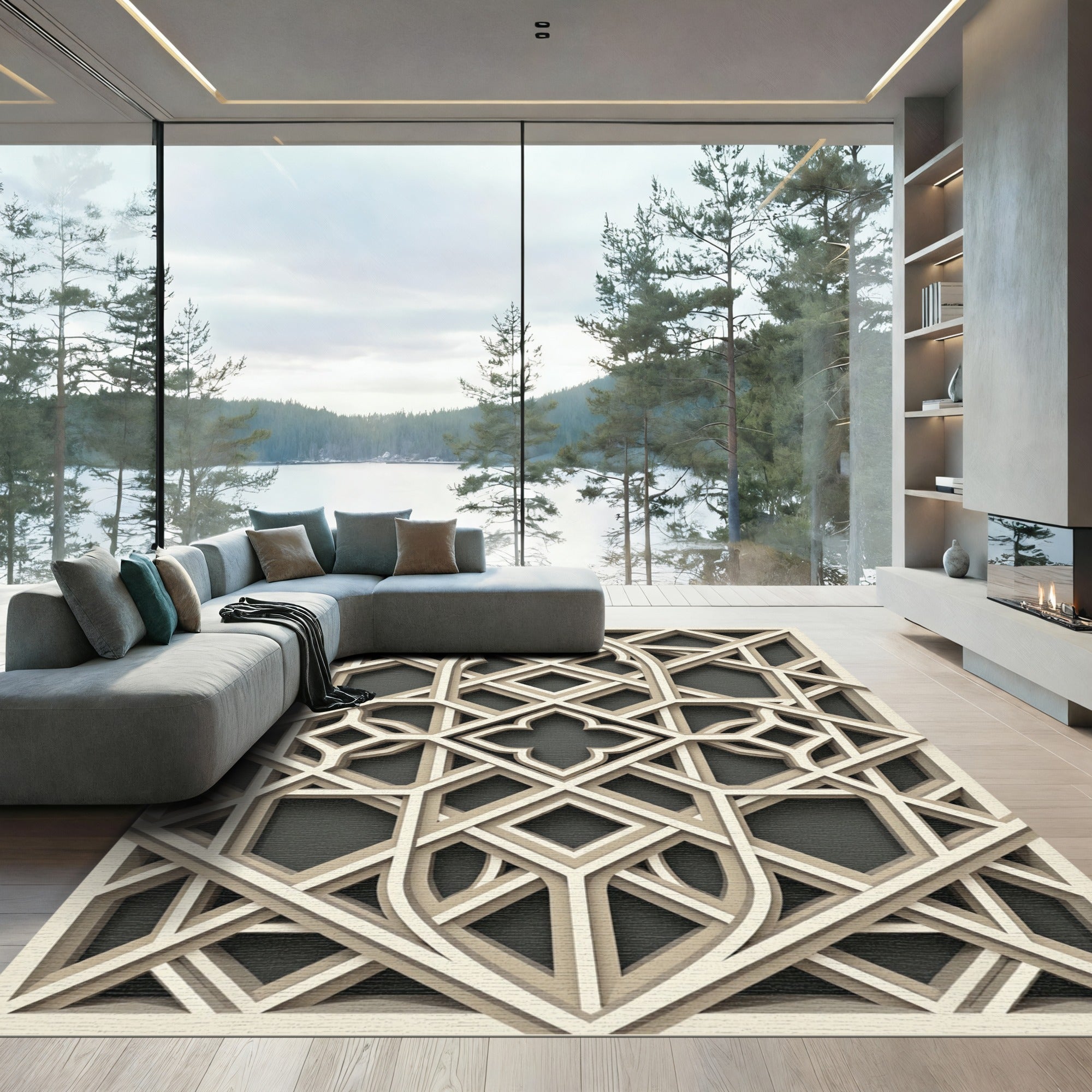 Beige Geometric Interlocking Lattice Architectural Rug