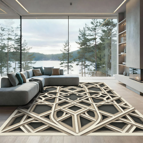 Beige Geometric Interlocking Lattice Architectural Rug