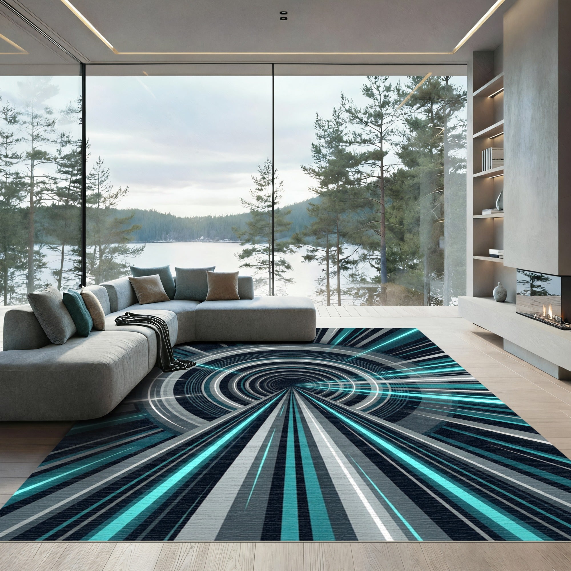 Modern Teal Abstract Infinite Tunnel Rug