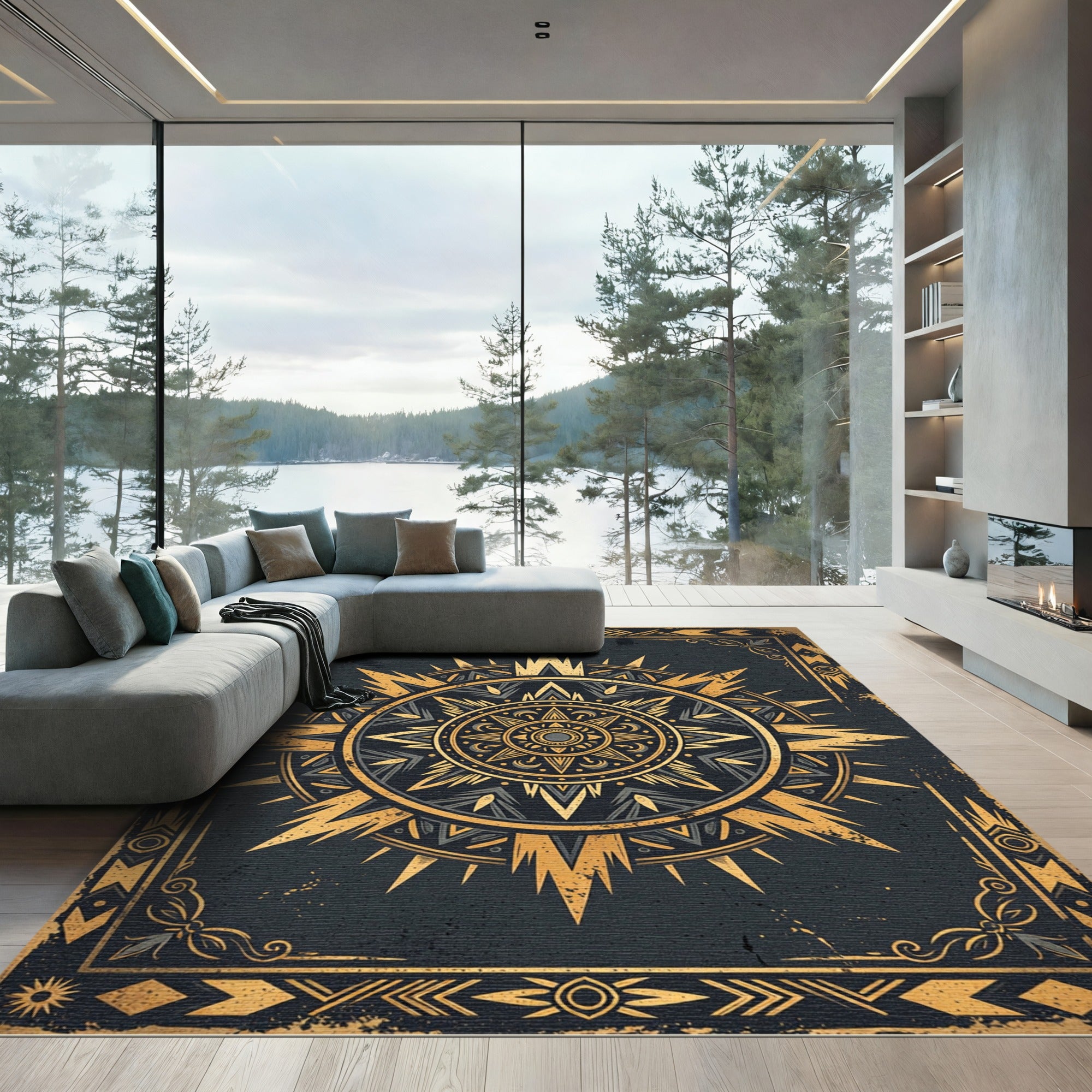 Golden Celestial Sunburst Art Deco Rug