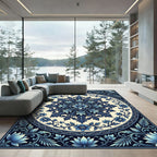Navy Blue Floral Medallion Sunburst Rug