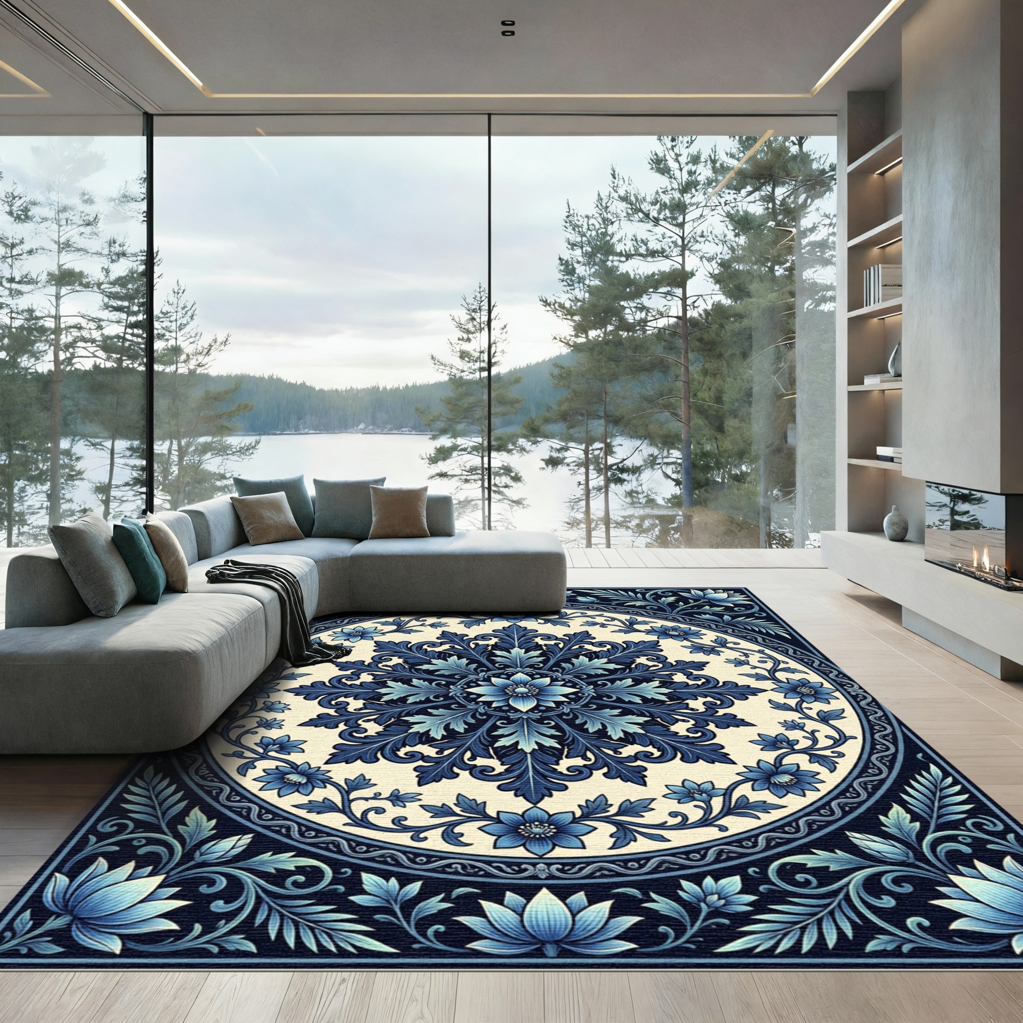 Navy Blue Floral Medallion Sunburst Rug
