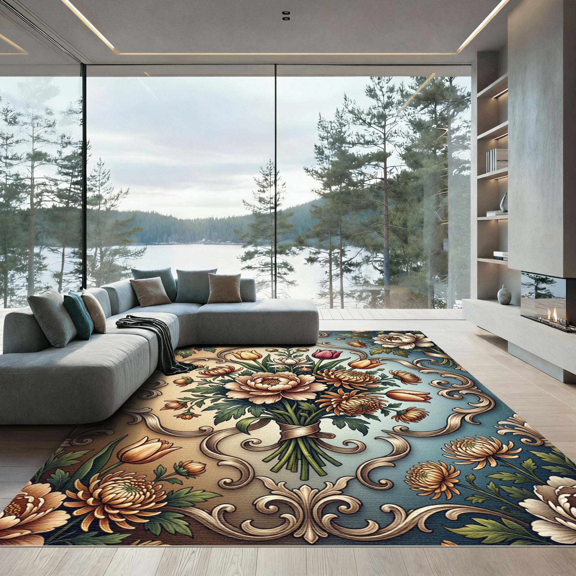 Elegant Floral Bouquet Ornate Filigree Rug