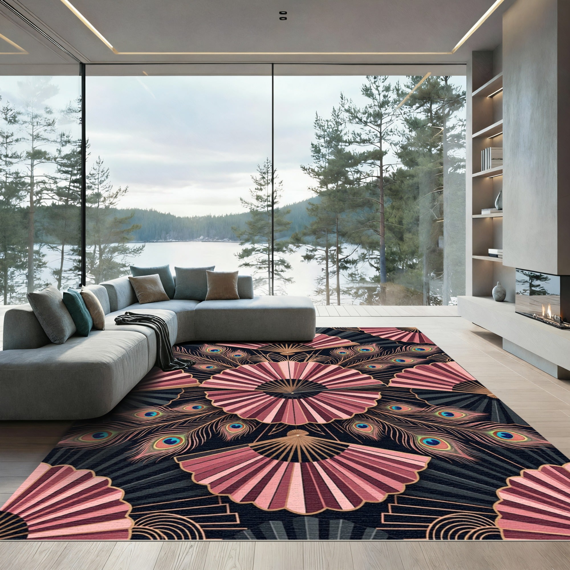 Art Deco Peacock Fan Blush Rug