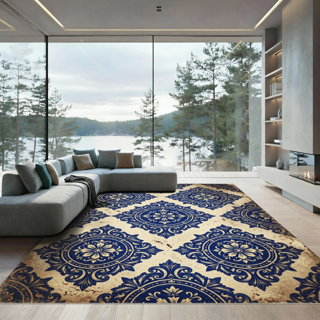 Elegant Navy and Cream Ornate Medallion Rug