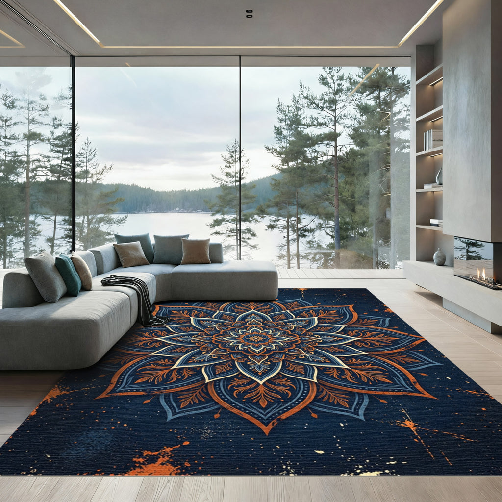 Dark Teal Orange Floral Mandala Rug