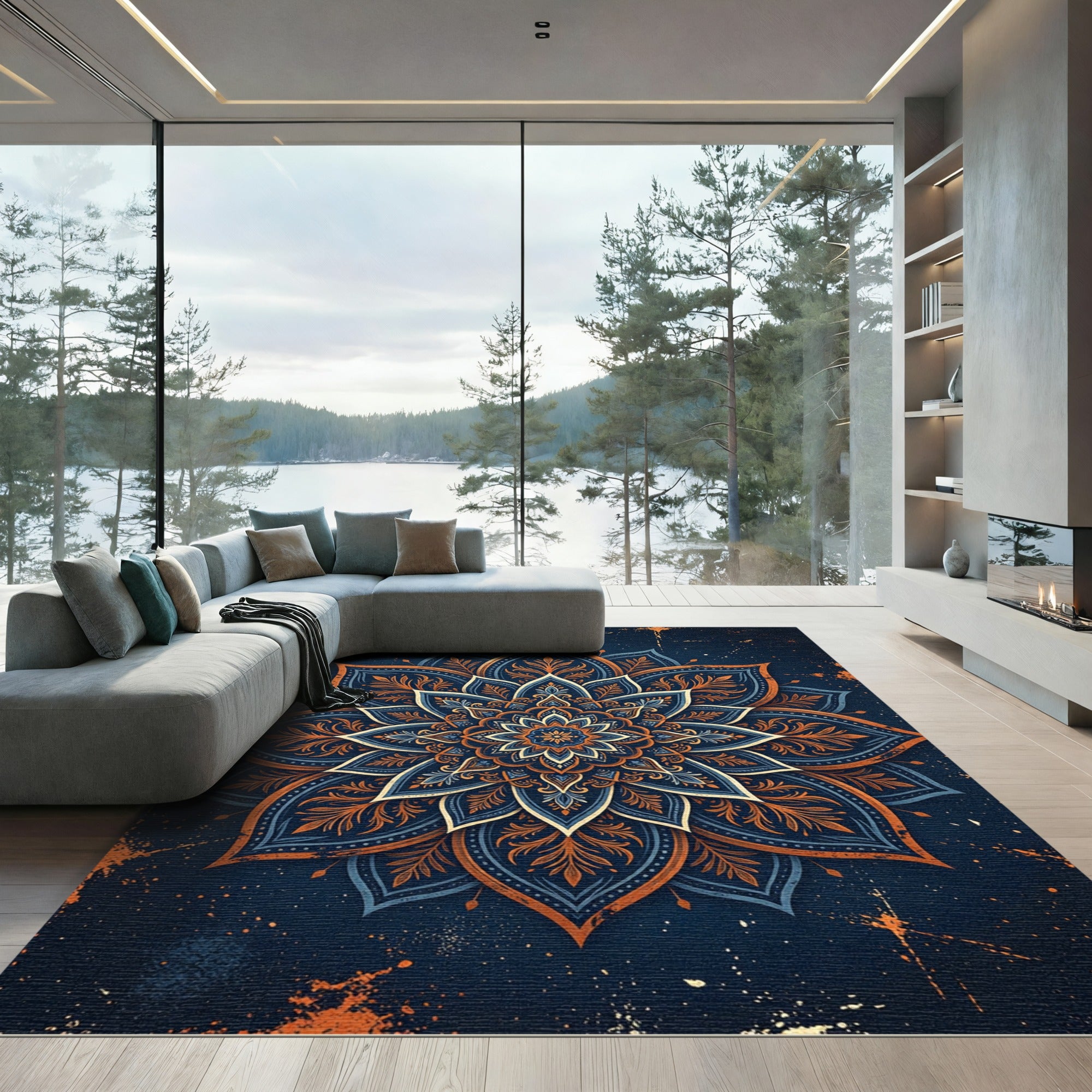Dark Teal Orange Floral Mandala Rug
