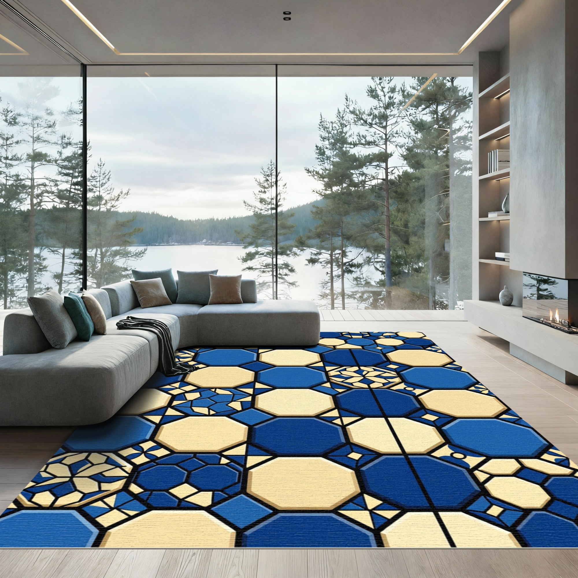 Geometric Navy and Cream Octagon Tile Rug