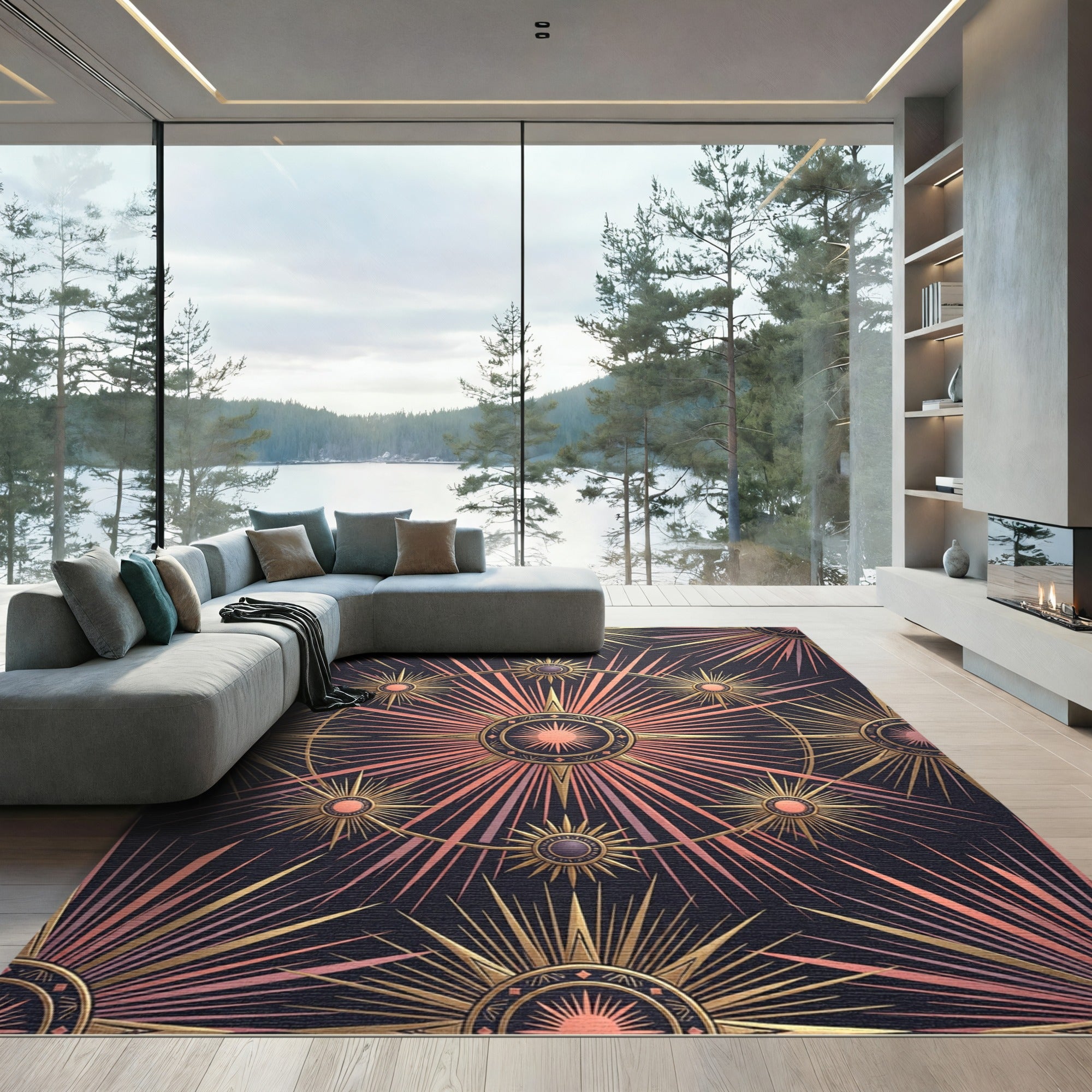 Celestial Gold Radiant Sunburst Rosette Rug