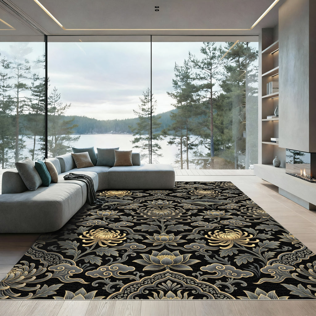 Golden Lotus Chrysanthemum Floral Black Chinoiserie Rug