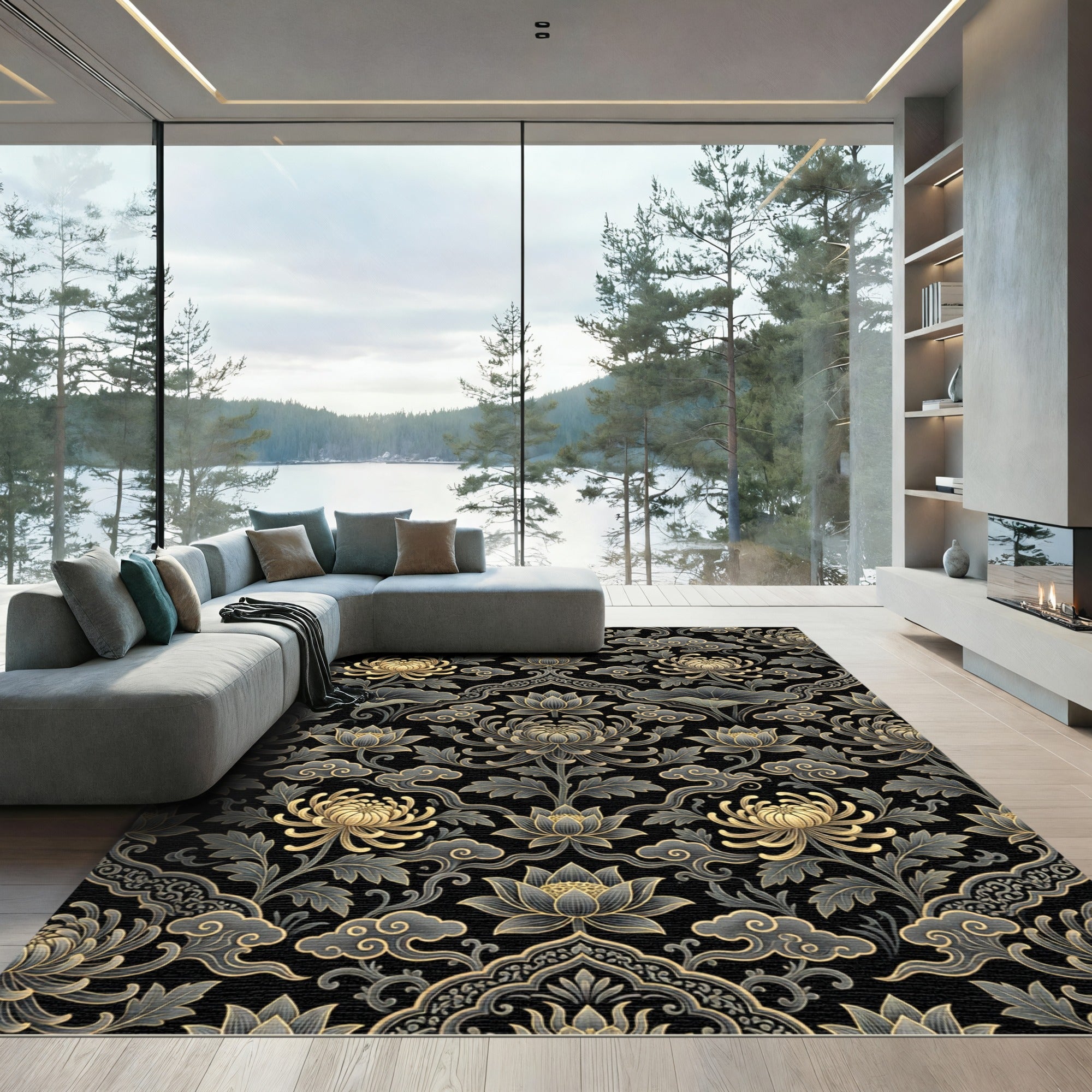 Golden Lotus Chrysanthemum Floral Black Chinoiserie Rug