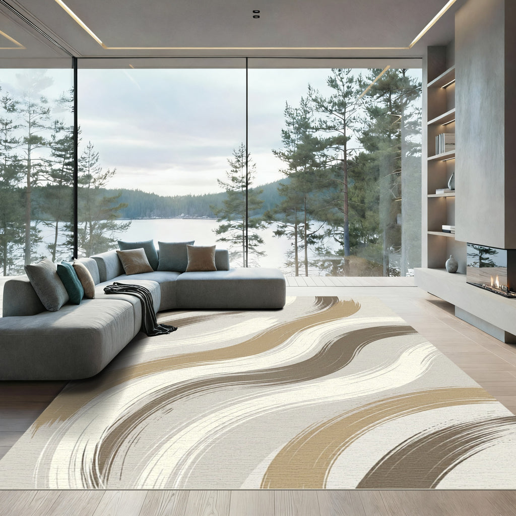 Neutral Abstract Wavy Flowing Brushstroke Wall Art Rug