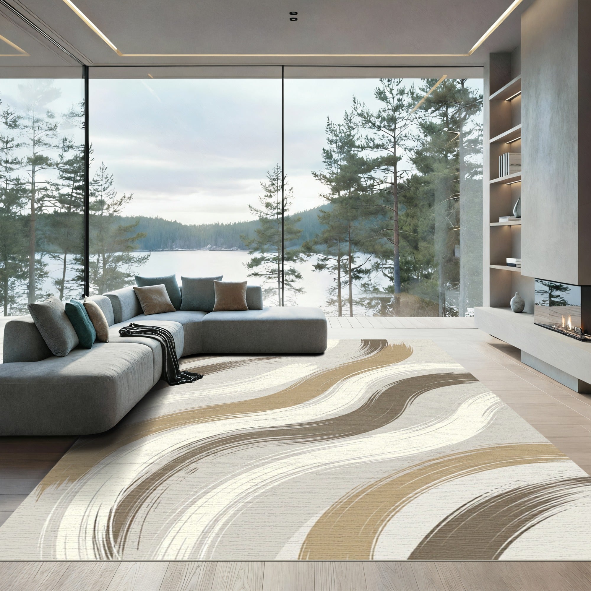 Neutral Abstract Wavy Flowing Brushstroke Wall Art Rug