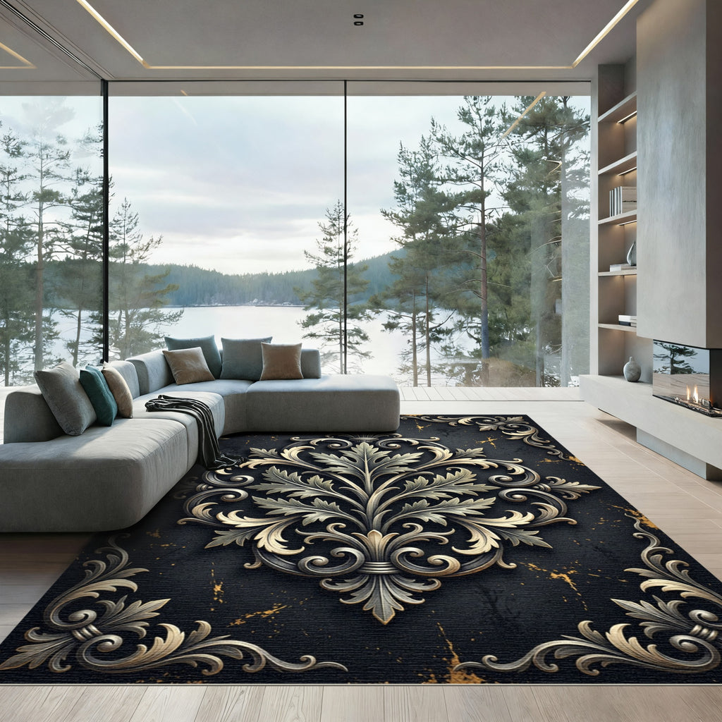 Elegant Gold Foliage Ornate Damask Rug