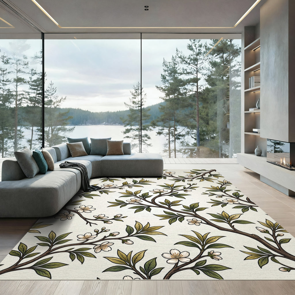 White Blossom Branch Foliage Rug
