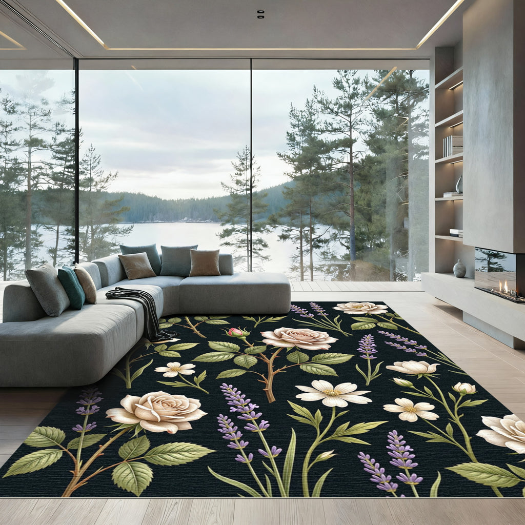 Cream Rose and Lavender Floral Botanical Rug