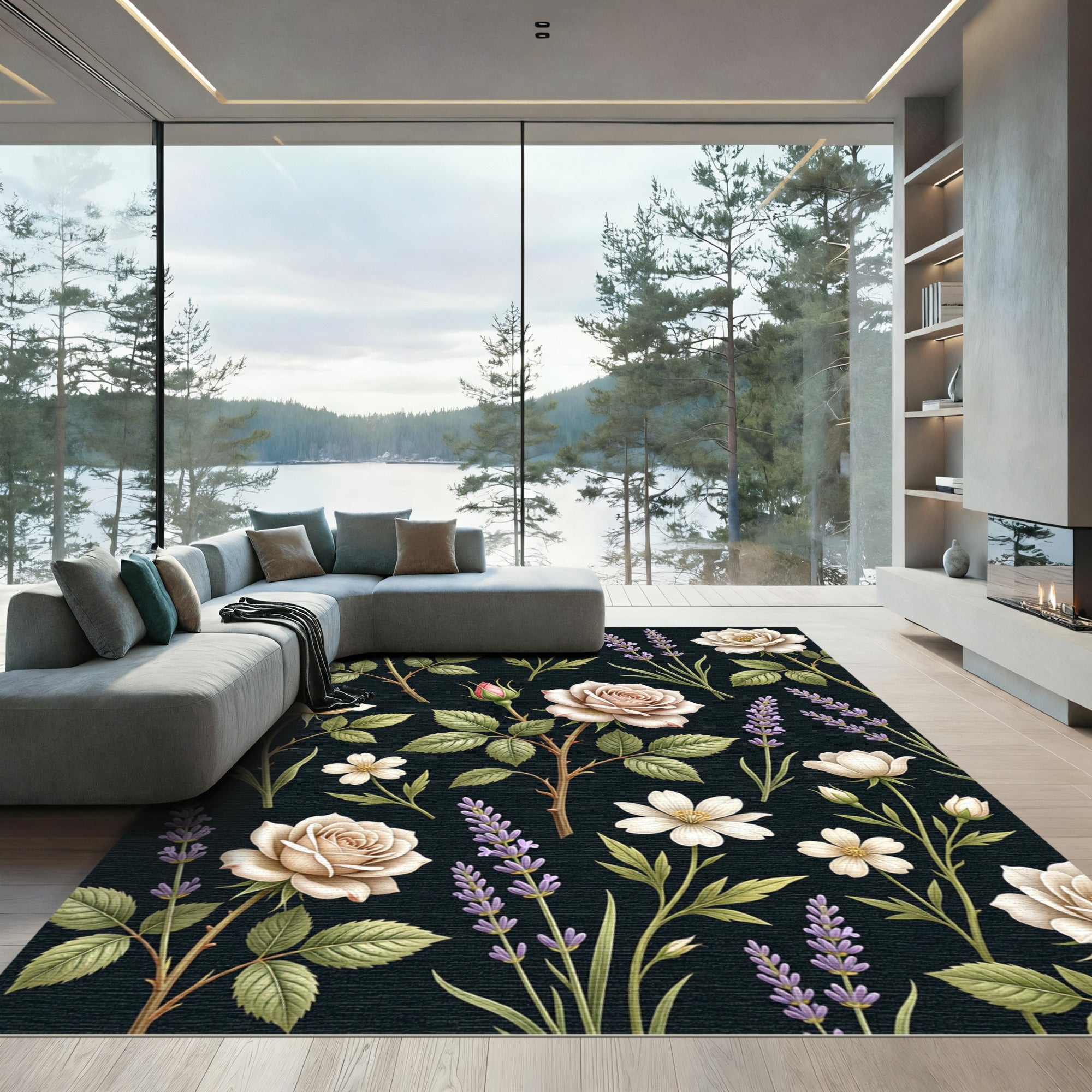 Cream Rose and Lavender Floral Botanical Rug