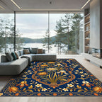 Ornate Gold Chrysanthemum Midnight Floral Rug