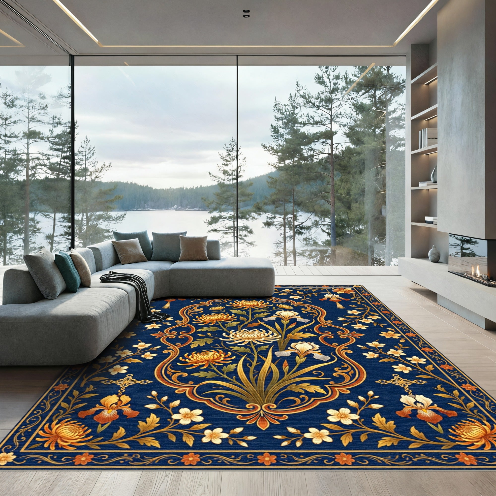 Ornate Gold Chrysanthemum Midnight Floral Rug