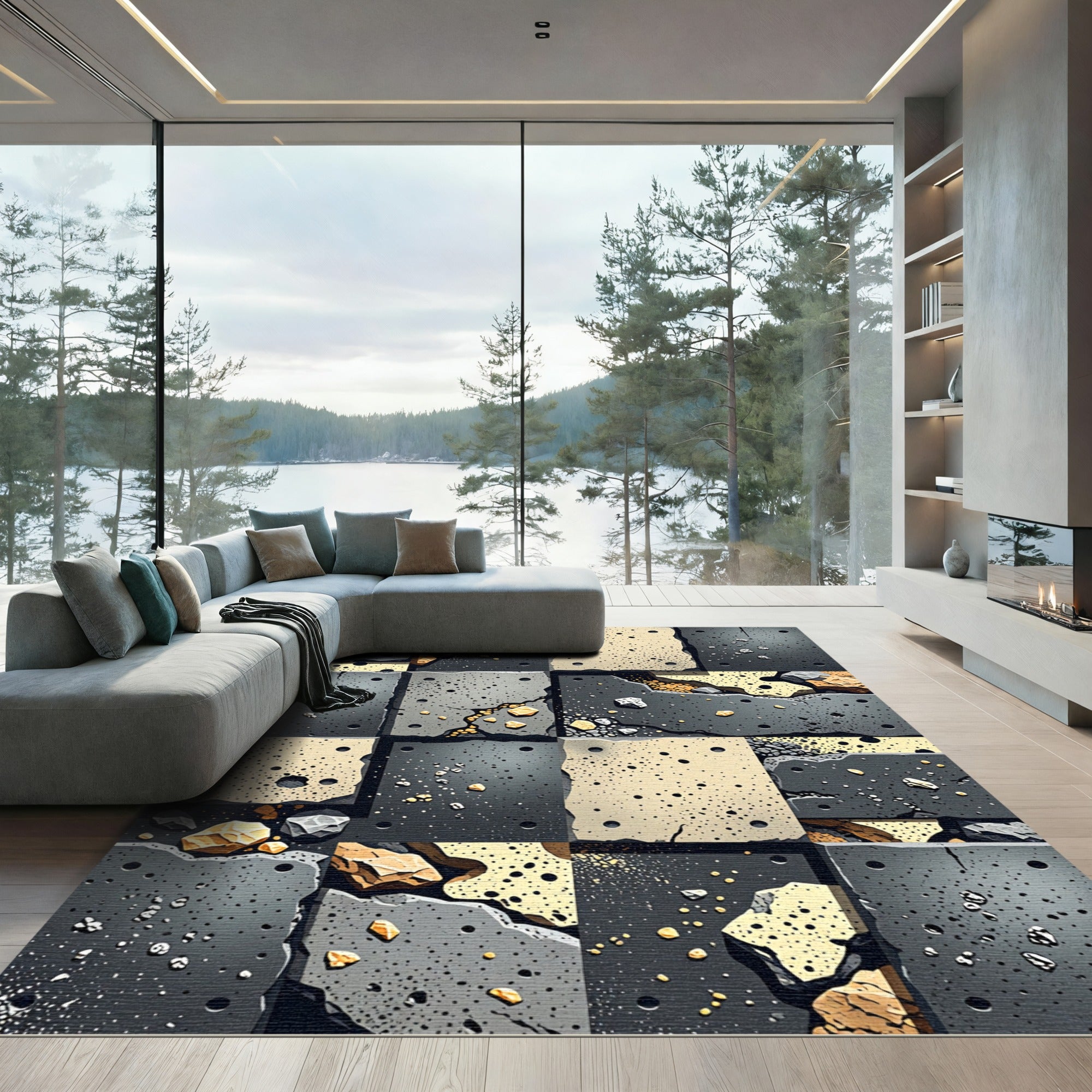 Industrial Concrete Fragment Grid Black Gold Rug