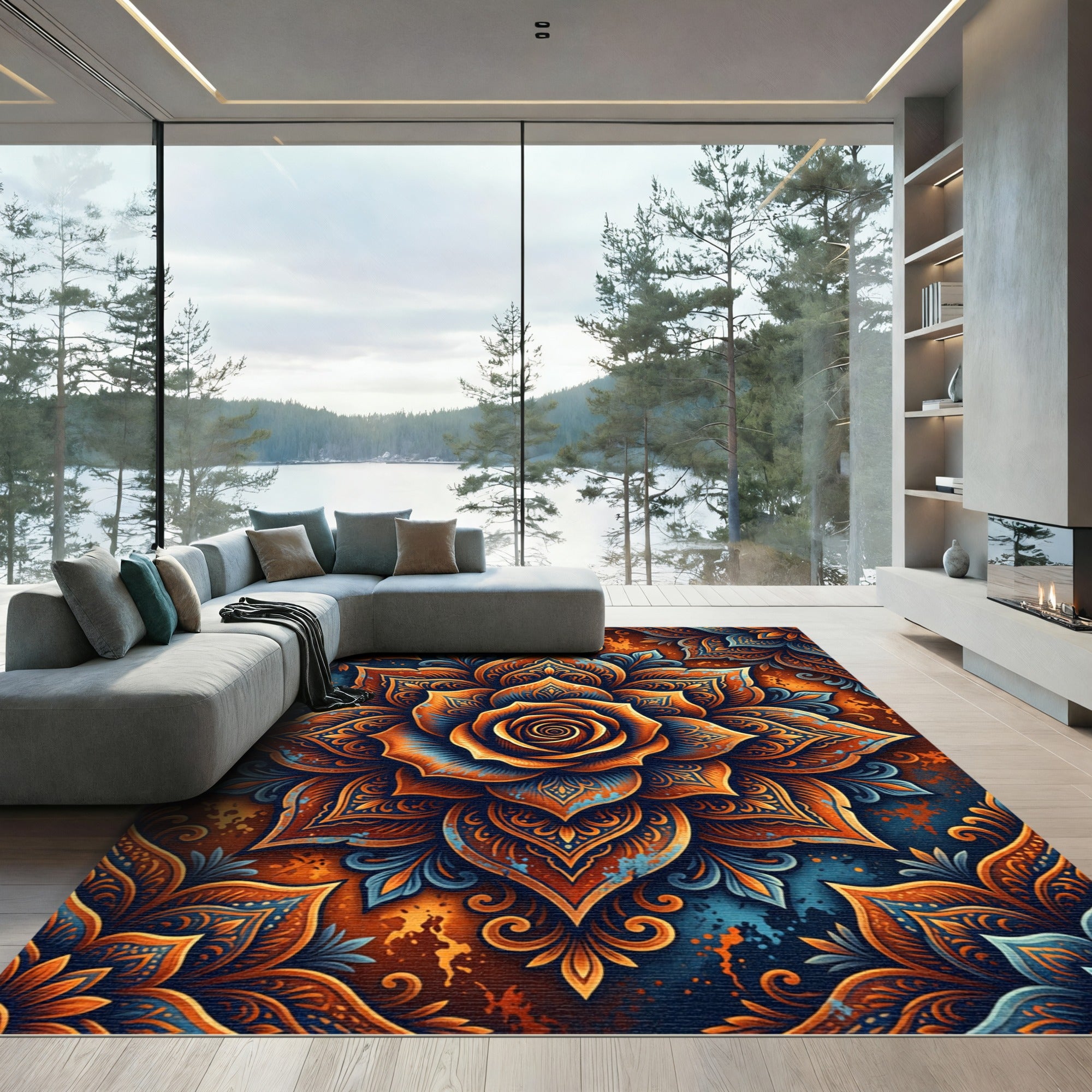 Orange Blue Intricate Floral Mandala Rug