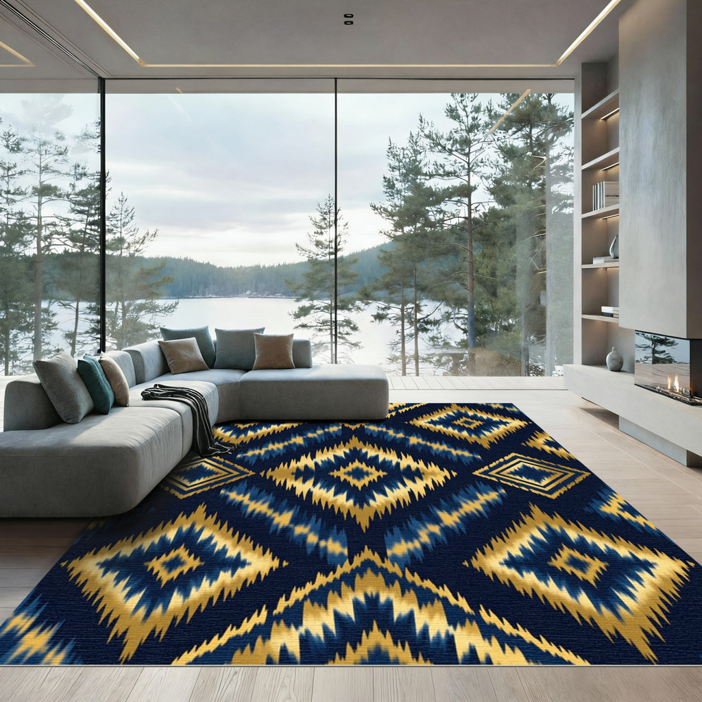 Gold Navy Ikat Geometric Diamond Rug