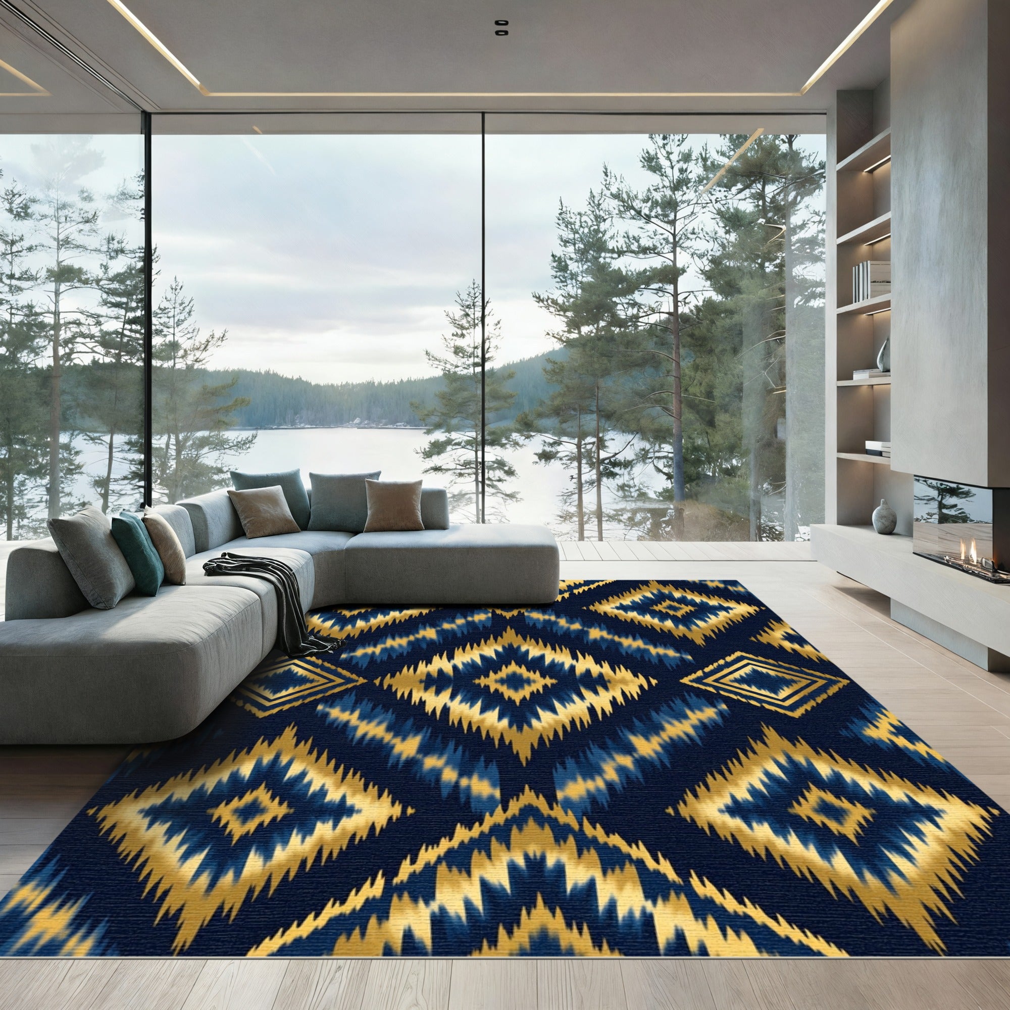 Gold Navy Ikat Geometric Diamond Rug