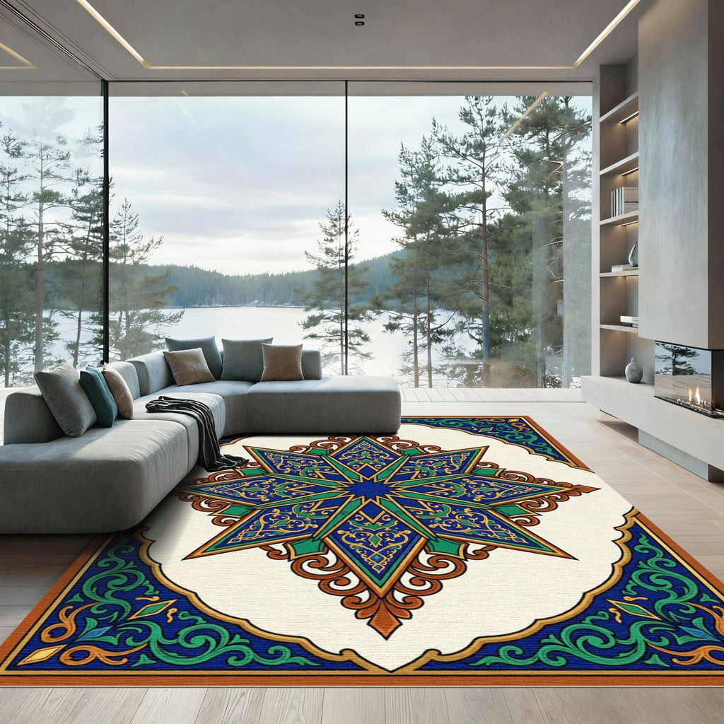 Ornate Teal Blue Golden Star Medallion Rug