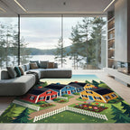 Whimsical Neighborhood Cottage Folk Art Scene Rug
