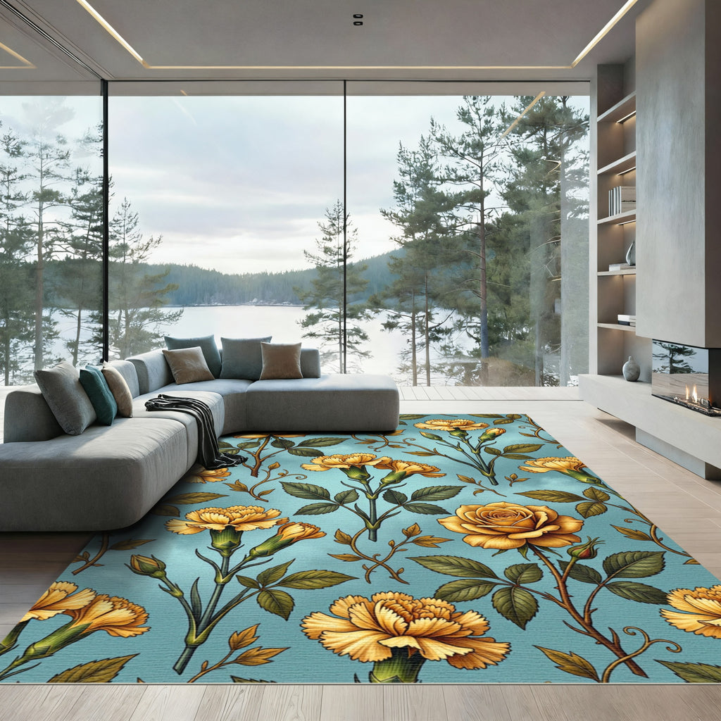 Golden Floral Blossom Garden Rug