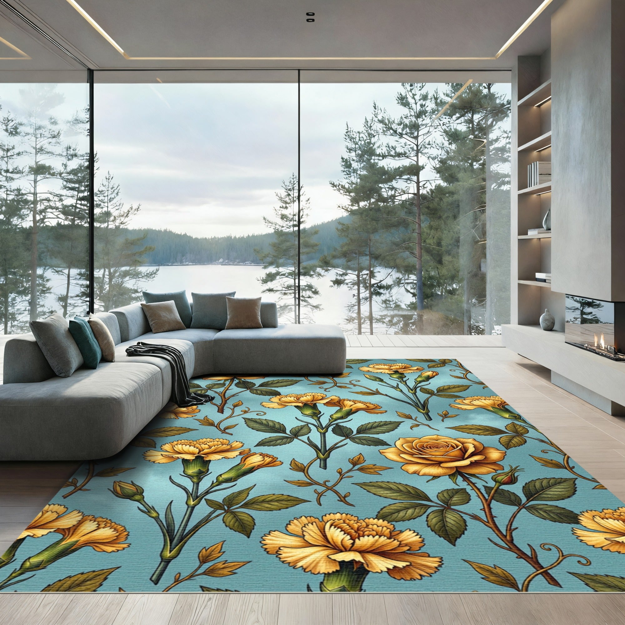 Golden Floral Blossom Garden Rug
