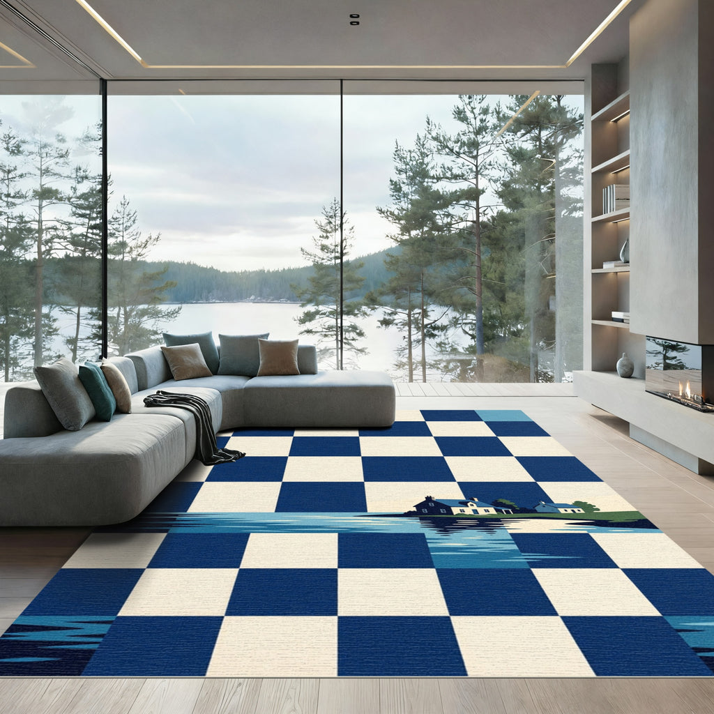 Coastal Checkerboard Navy House Landscape Rug