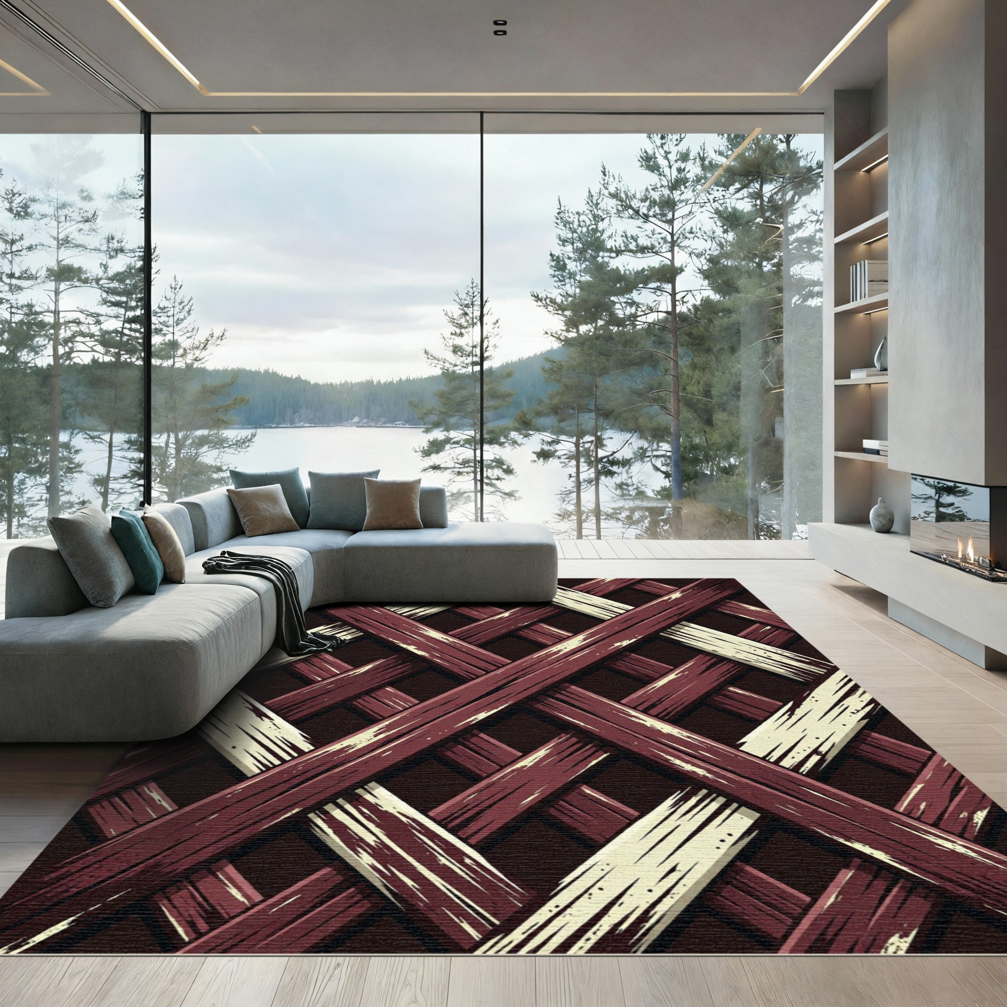 Rustic Crimson Cream Woven Lattice Rug